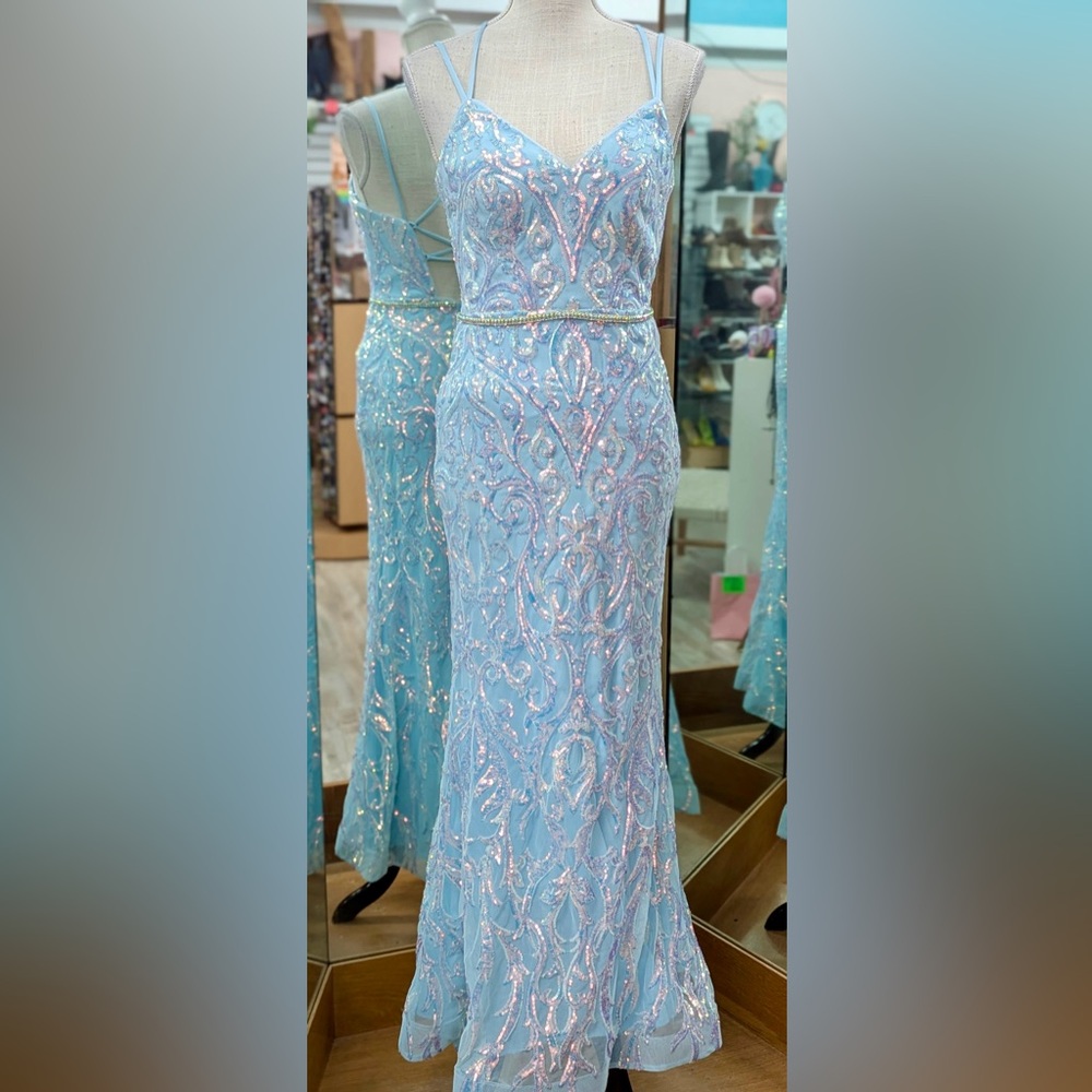 Camilla La Vie Light Blue Sequin Corset Back Mermaid Prom Dress Petite 4P Gown - Picture 2 of 10
